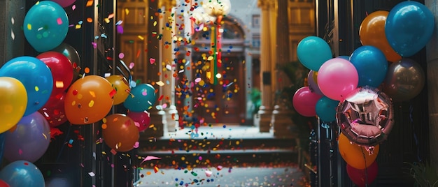 Une entrée festive avec une grande arche de ballons multicolores et de confettis