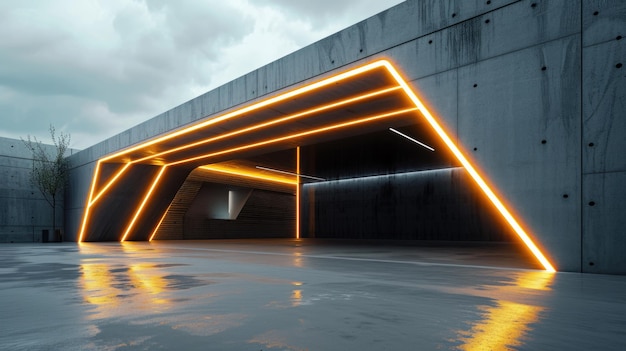 Entrée d'un garage ou d'un entrepôt moderne en béton avec des murs gris et une lumière LED extérieure d'un bâtiment industriel futuriste Concept de future construction d'un hangar de bunker asile