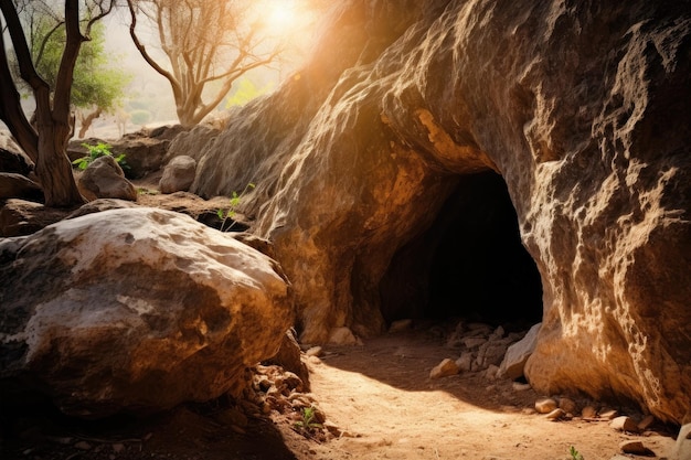 Une entrée de grotte dans une zone rocheuse