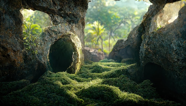 Entrée de la grotte avec de la mousse d'herbe d'arbres verts et des vignes suspendues