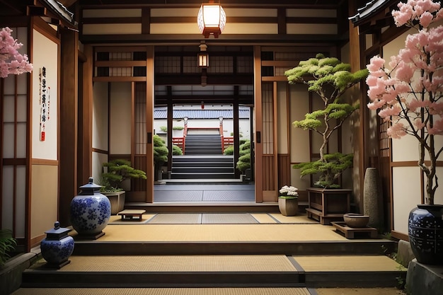 Entrée de la maison et escaliers culture japonaise