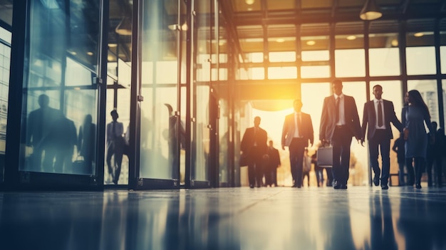 Entrée moderne floue avec une foule de gens d'affaires marchant dans un environnement d'entreprise animé