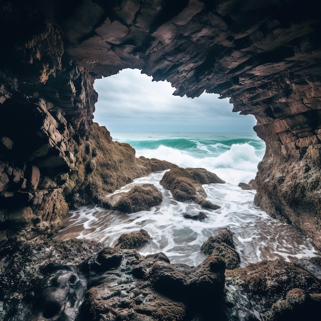 Entrée pittoresque de la grotte avec la mer