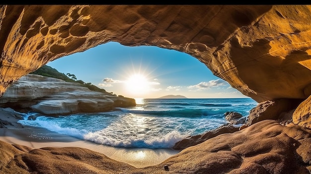 Entrée pittoresque de la grotte avec la mer