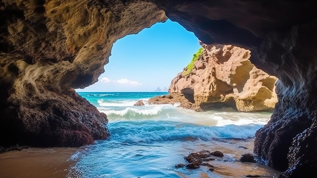 Entrée pittoresque de la grotte avec la mer