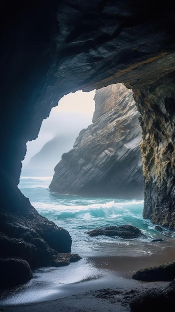 Entrée pittoresque de la grotte avec la mer