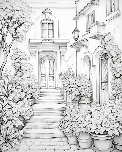 L'entrée principale de la maison avec des fleurs en fleurs