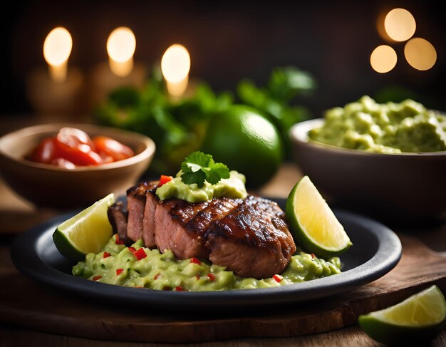 Une entrée savoureuse de viande accompagnée d'une sauce de guacamole fraîche