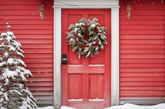 Une entrée transformée avec une couronne de Noël accrochée fièrement sur une porte en bois charme rustique au seuil