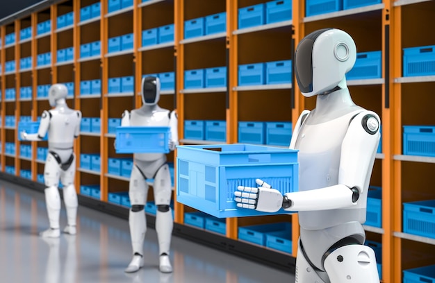 Entrepôt d'automatisation avec travail d'assistant robot dans l'entrepôt