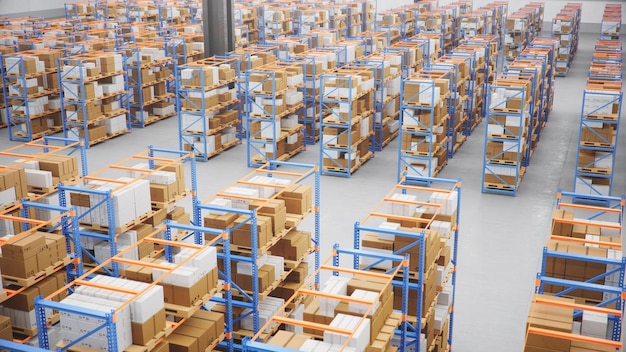 Entrepôt avec boîtes en carton à l'intérieur sur des racks à palettes, centre logistique. Immense, grand entrepôt moderne. Entrepôt rempli de boîtes en carton sur des étagères, des boîtes se tiennent sur des palettes, Illustration 3D