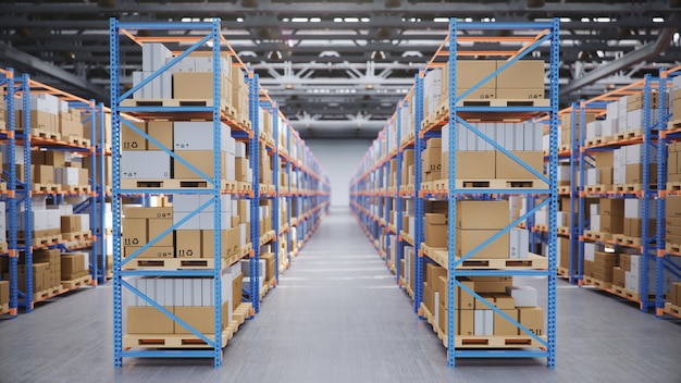 Entrepôt avec boîtes en carton à l'intérieur sur des racks à palettes, centre logistique. Immense, grand entrepôt moderne. Entrepôt rempli de boîtes en carton sur des étagères, des boîtes se tiennent sur des palettes, Illustration 3D