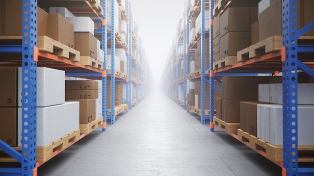 Photo entrepôt avec boîtes en carton à l'intérieur sur des racks à palettes, centre logistique. immense, grand entrepôt moderne. entrepôt rempli de boîtes en carton sur des étagères, des boîtes se tiennent sur des palettes, illustration 3d