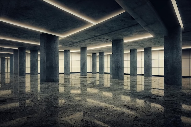 Entrepôt de couloir de stationnement souterrain futuriste moderne avec éclairage Une scène vide une pièce en marbre gris parking avec de hautes colonnes Arrière-plan futur pour la conception Illustration 3D