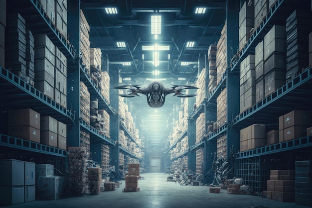 L'entrepôt du futur avec des drones volants à l'intérieur de l'IA générative