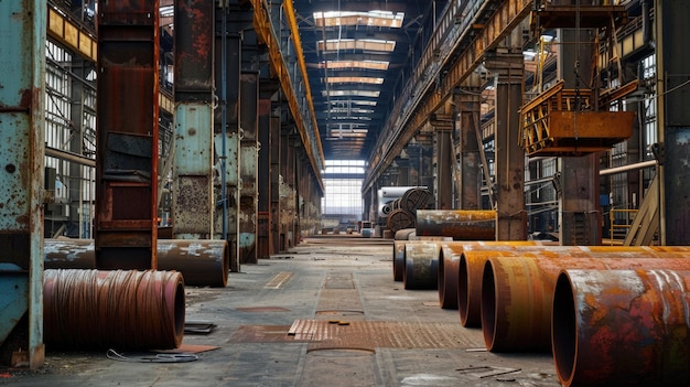 Un entrepôt industriel abandonné avec des équipements rouillés et de la lumière du soleil