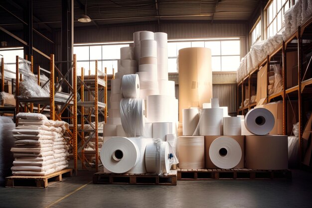 Entrepôt pour produits finis d'une usine de papier Grands rouleaux de papier dans l'atelier Production de papier et de carton