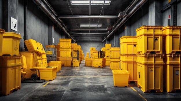 Un entrepôt rempli de bacs à stockage jaunes