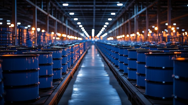 Un entrepôt rempli d'une longue rangée de barils bleus sur des palettes contenant des produits chimiques liquides.