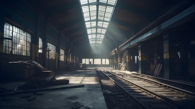 Un entrepôt sombre et abandonné avec une lumière traversant la fenêtre