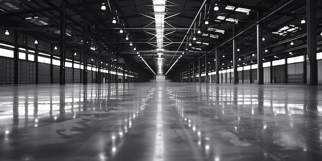 Photo un entrepôt vide capturé en noir et blanc adapté à un usage industriel et commercial