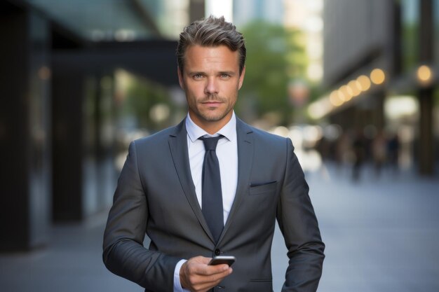 Photo entrepreneur de 40 ans aux cheveux courts portant un costume et tenant une tablette