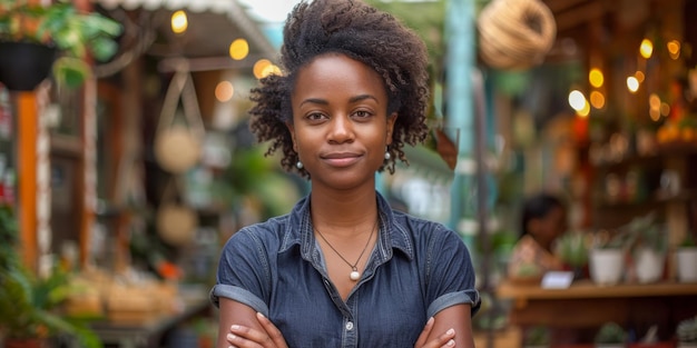 Un entrepreneur confiant dans un espace de travail respectueux de l'environnement rempli de plantes