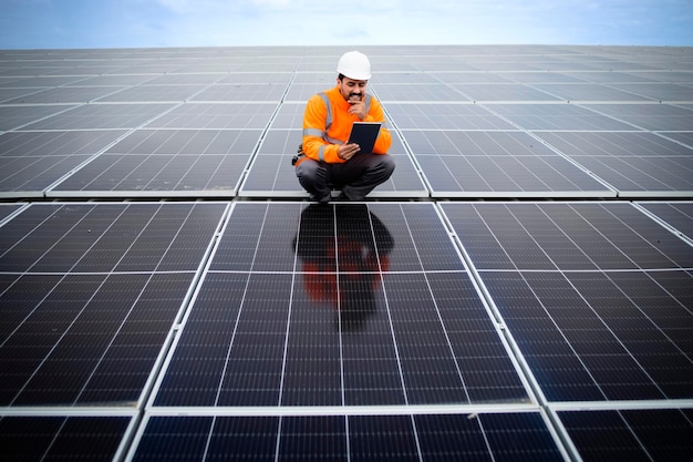 Entrepreneur de l'entreprise solaire vérifiant la fonctionnalité des panneaux solaires photovoltaïques