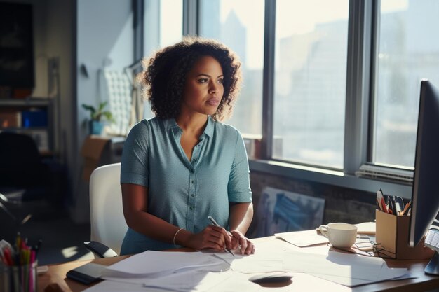 Photo entrepreneur grande taille à succès à son bureau