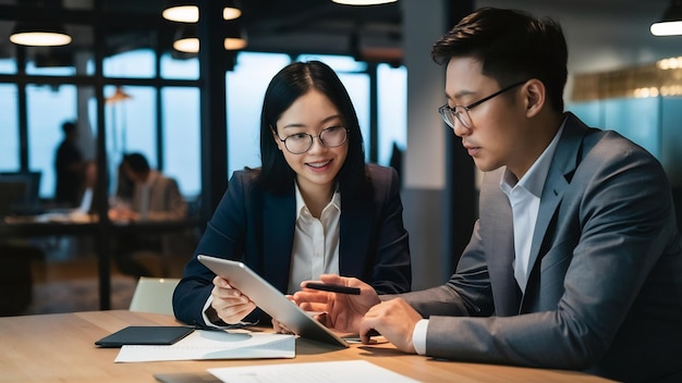 Entrepreneur homme d'affaires asiatique et femme d'affaires discutant d'un nouveau projet d'affaires sur une tablette en mode mod.