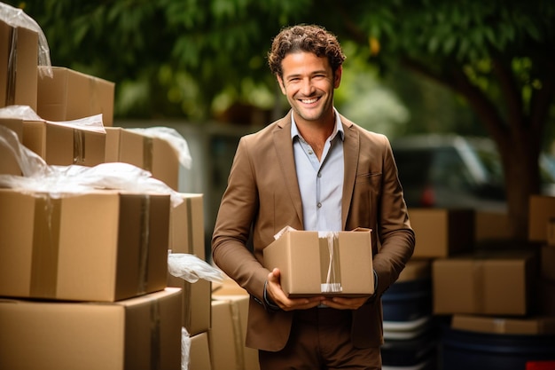 entrepreneur masculin avec leur boîte à colis.