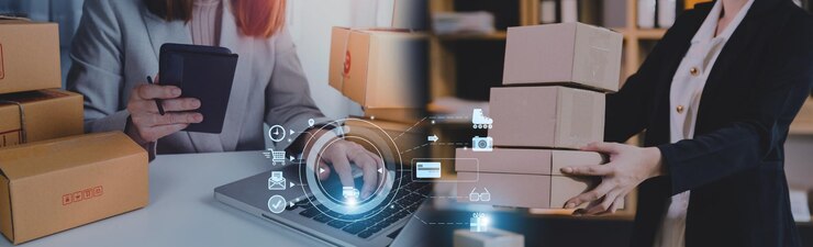Entrepreneur de petite entreprise en démarrage ou femme asiatique indépendante à l'aide d'un ordinateur portable avec boîte
