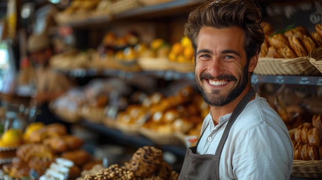 Entrepreneur souriant à son stand de fruits Produits locaux et concept de petite entreprise