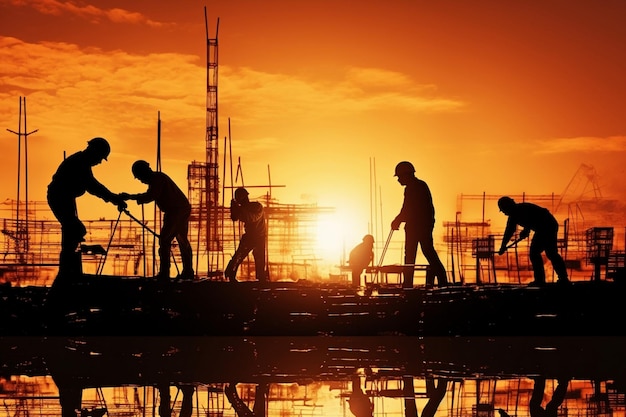 Entrepreneur succès chantier coucher de soleil sécurité ingénieur entreprise construction industrielle équipe développement projet travail d'équipe concept professionnel personnes travail maintenance arrière-plan silhouette