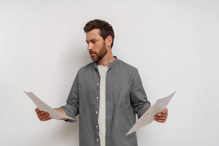 Photo entrepreneur ou vendeur concentré tenant des documents financiers sur un fond blanc