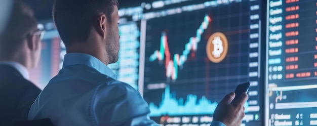 Entrepreneurs présentant leur plateforme de négociation Bitcoin aux investisseurs en utilisant des présentations informatiques interactives pour mettre en évidence le potentiel du marché