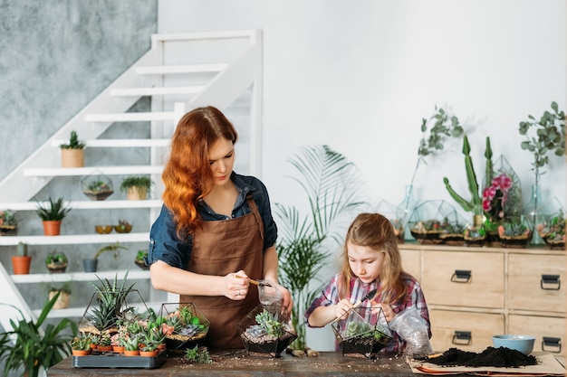 Entreprise de jardinage à domicile. Mère et fille plantant et cultivant des plantes succulentes à vendre.