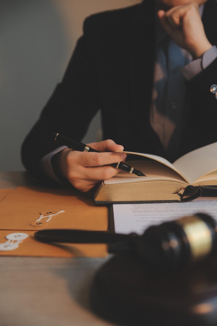 Photo les entreprises et les avocats discutent des documents contractuels avec une échelle en laiton sur le bureau du bureau les services juridiques conseil de la justice et du droit image conceptuelle avec effet de grain de film
