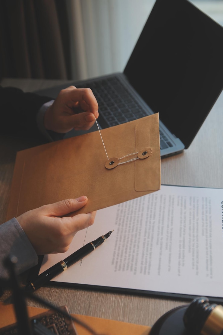Photo les entreprises et les avocats discutent des documents contractuels avec une échelle en laiton sur le bureau du bureau les services juridiques conseil de la justice et du droit image conceptuelle avec effet de grain de film