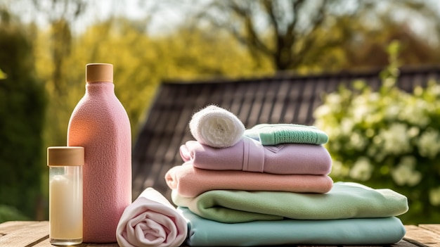 Photo l'entretien ménager et l'entretien ménager nettoyer les vêtements pliés et les bouteilles de conditionneur de détergent dans le jardin style maison de campagne générative ai