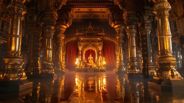 Photo entrez dans un grand temple dédié au seigneur rama, ses piliers sculptés et ses arches ornées témoignent de sa dévotion et de son artisanat.