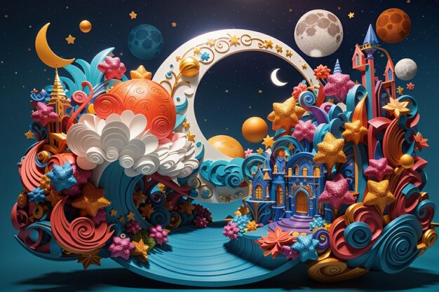 Photo entrez dans un monde de fantaisie avec un clip art 3d de lune avec un design capricieux et des couleurs vives