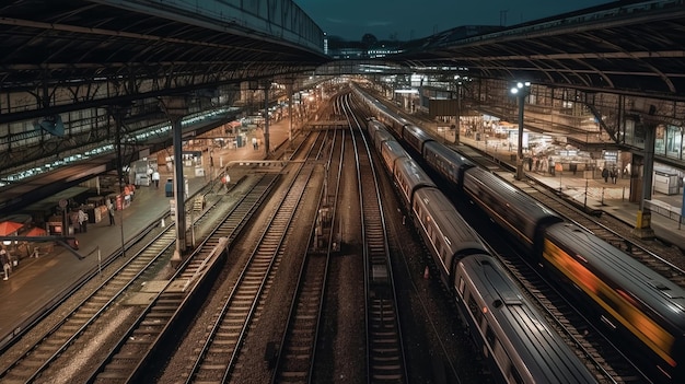 Entrez dans le monde vibrant d'une gare ferroviaire très fréquentée aux heures de pointe où le pouls de la vie urbaine bat à son plus fort. Généré par l'IA