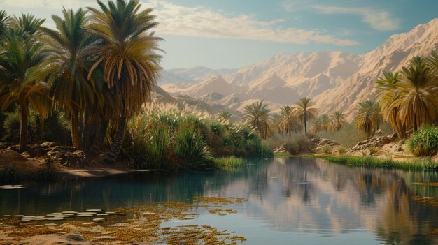 Photo entrez dans une oasis cachée nichée dans les dunes du désert où les palmiers se balancent dans la brise douce et les eaux fraîches offrent un répit au soleil brûlant