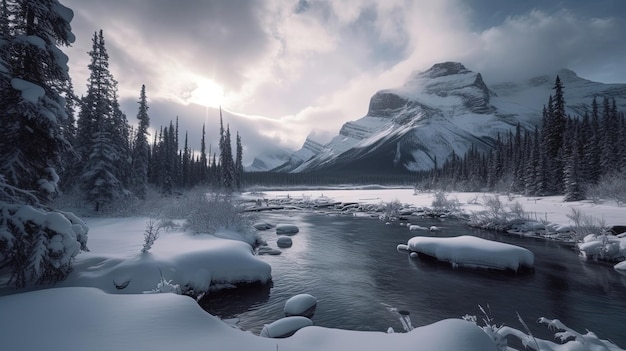 Entrez dans un pays des merveilles hivernal magique à Banff, au Canada, où les montagnes enneigées et les arbres givrés créent un paysage à couper le souffle. Généré par l'IA