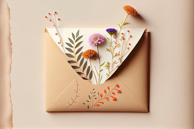 Enveloppe avec des arrangements de fleurs sur fond clair vue de dessus générée par l'IA