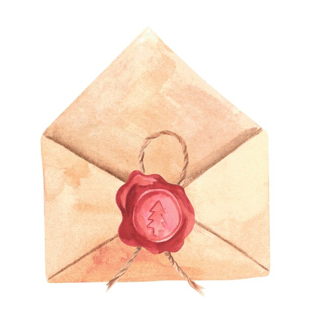 Enveloppe artisanale avec un sapin de Noël rouge imprimé Illustration aquarelle Isoler sur fond blanc