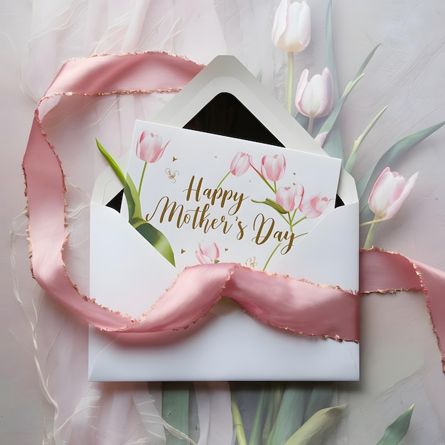 Une enveloppe blanche avec une carte disant Joyeuse fête des mères et des tulipes roses sur le côté droit