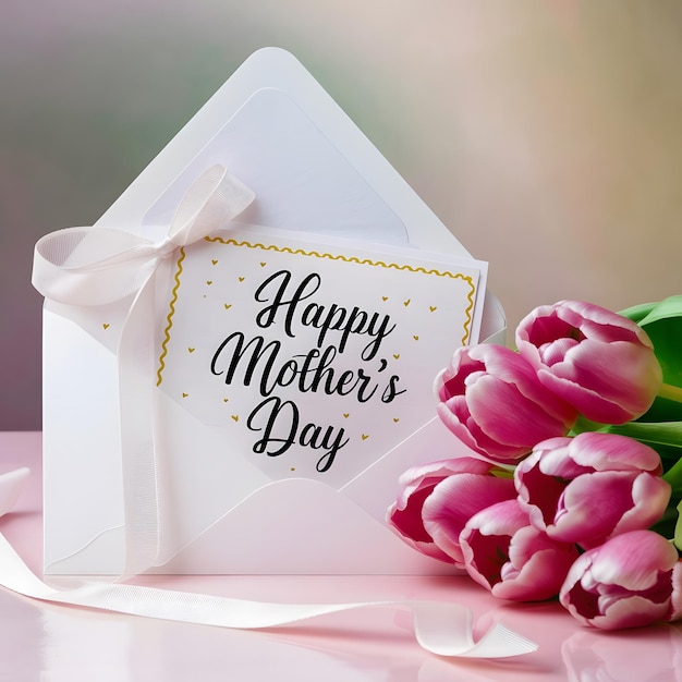 Une enveloppe blanche avec une carte disant Joyeuse fête des mères et des tulipes roses sur le côté droit