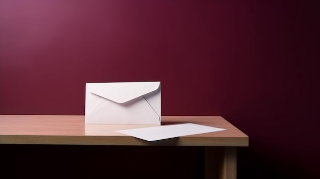 Une enveloppe blanche est posée sur une table en bois à côté d'un mur rouge.